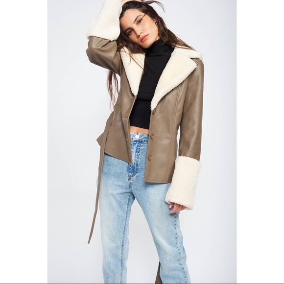 PRICE DROP Belted Faux Shearling Trimmed Taupe Leather Jacket - Picture 6 of 10